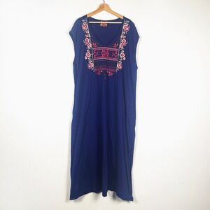 Johnny Was Embroidered Sleeveless Maxi Tunic Dress Navy Blue Size 3XL